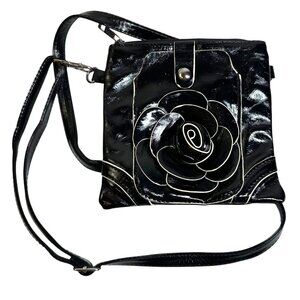 Mellow World Black and White Patent Rose Flower Crossbody Bag